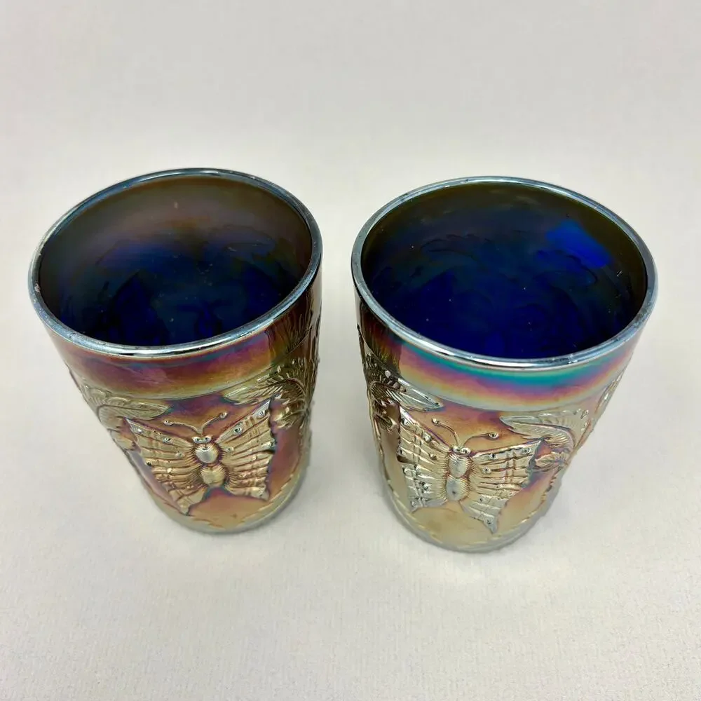 Pair of Antique Fenton Blue Carnival Glass Butterfly & Fern Tumblers Ground Base